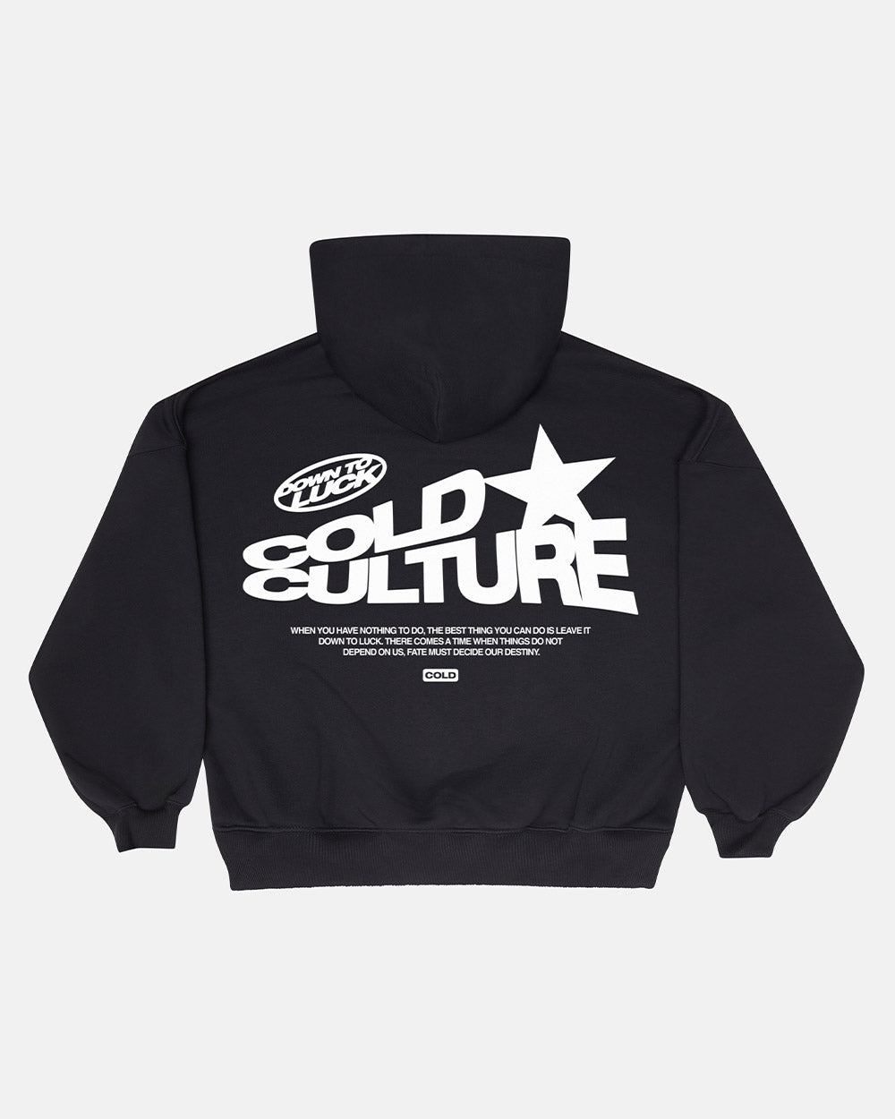 DOWN TO LUCK HOODIE BLACK AND WHITE - black graphic print hoodie, back view - Cold Culture #packshot
