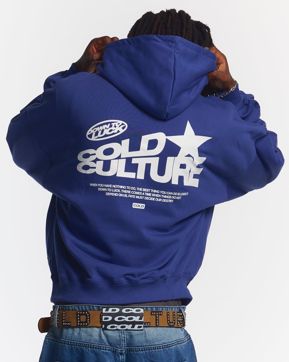 DOWN TO LUCK HOODIE BRIGHT BLUE - royal blue graphic print hoodie, back view on male model - Cold Culture