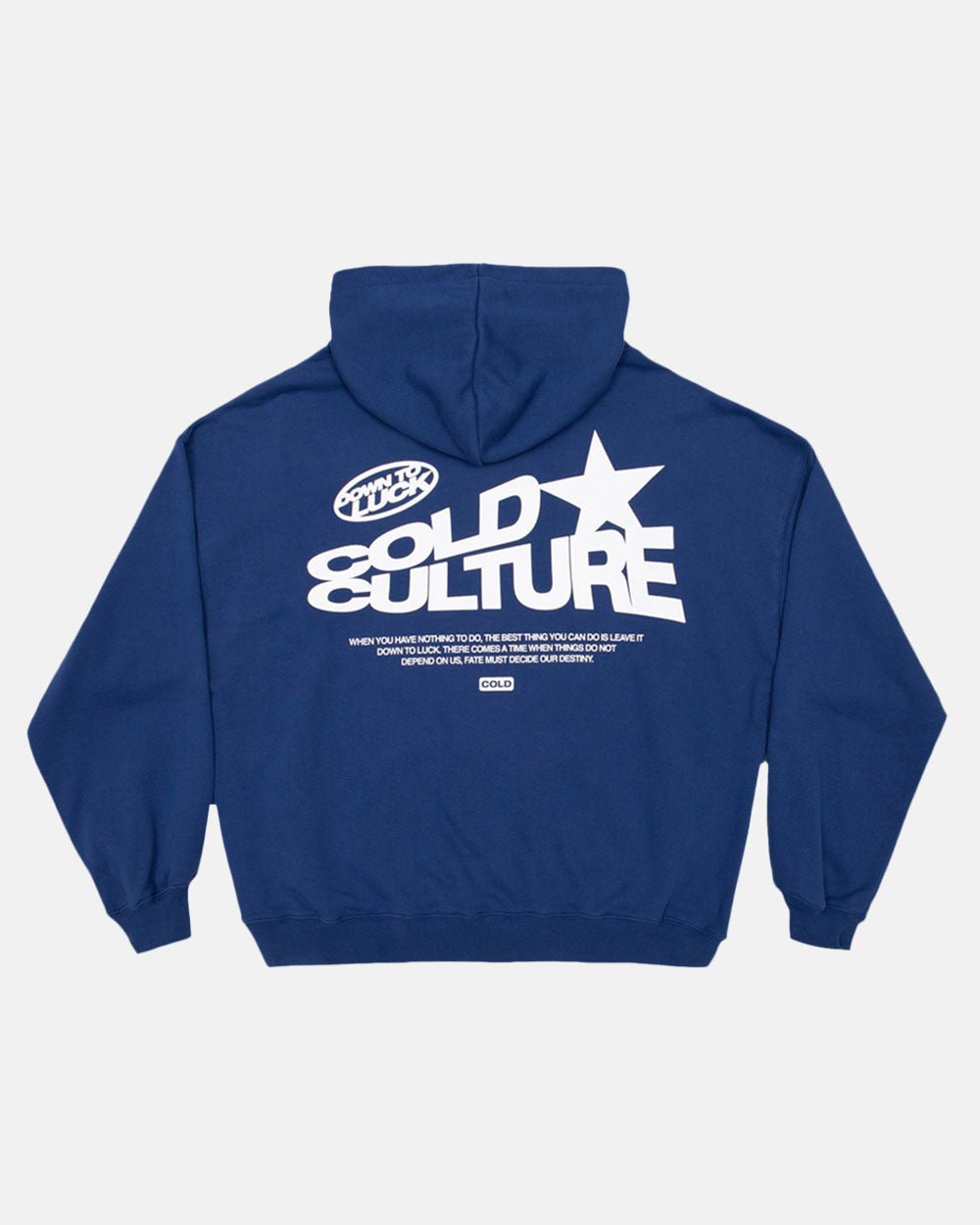 DOWN TO LUCK HOODIE BRIGHT BLUE - royal blue graphic print hoodie, back view - Cold Culture #packshot