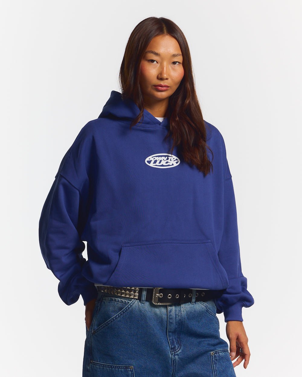 DOWN TO LUCK HOODIE BRIGHT BLUE - royal blue graphic print hoodie, front view on female model - Cold Culture #woman
