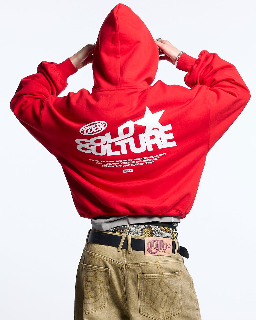 DOWN TO LUCK HOODIE RED - red oversized hoodie, back view on female model - Cold Culture #woman