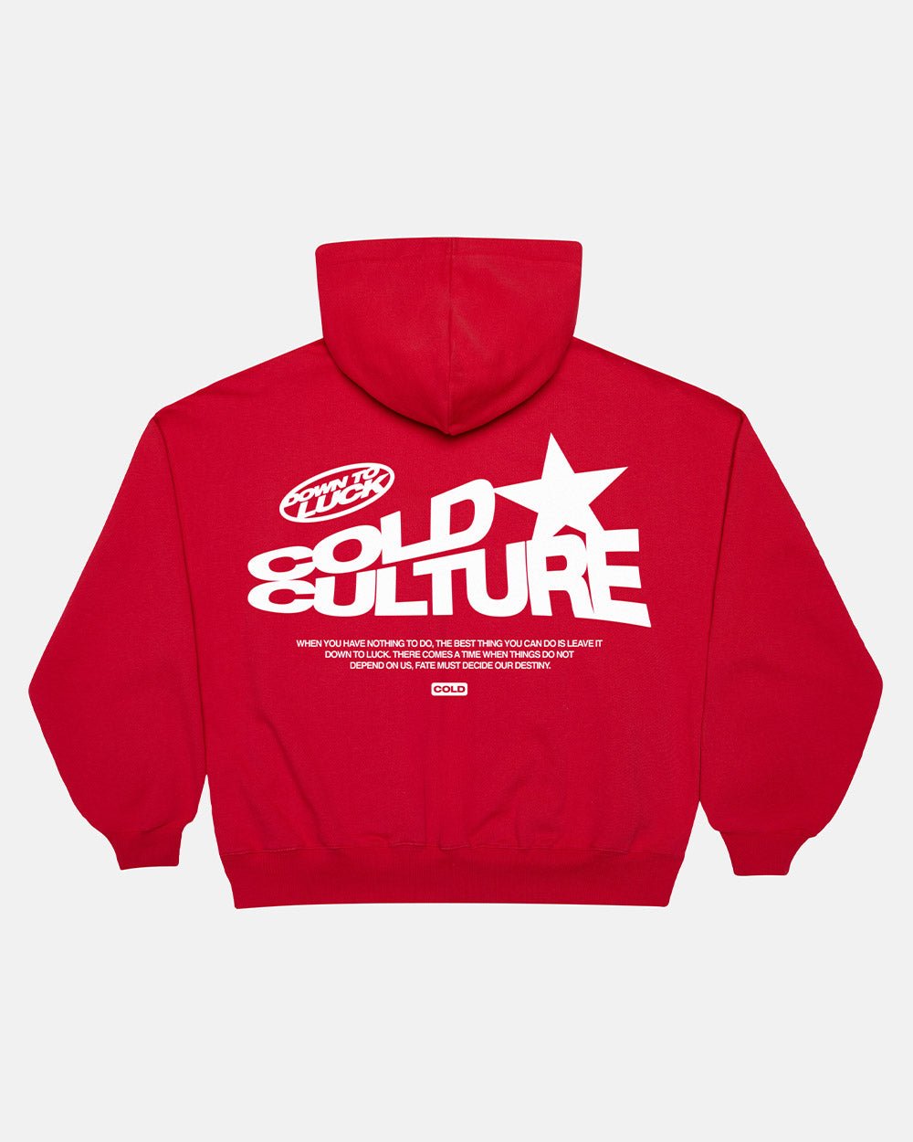 DOWN TO LUCK HOODIE RED - red oversized hoodie, back view - Cold Culture #packshot