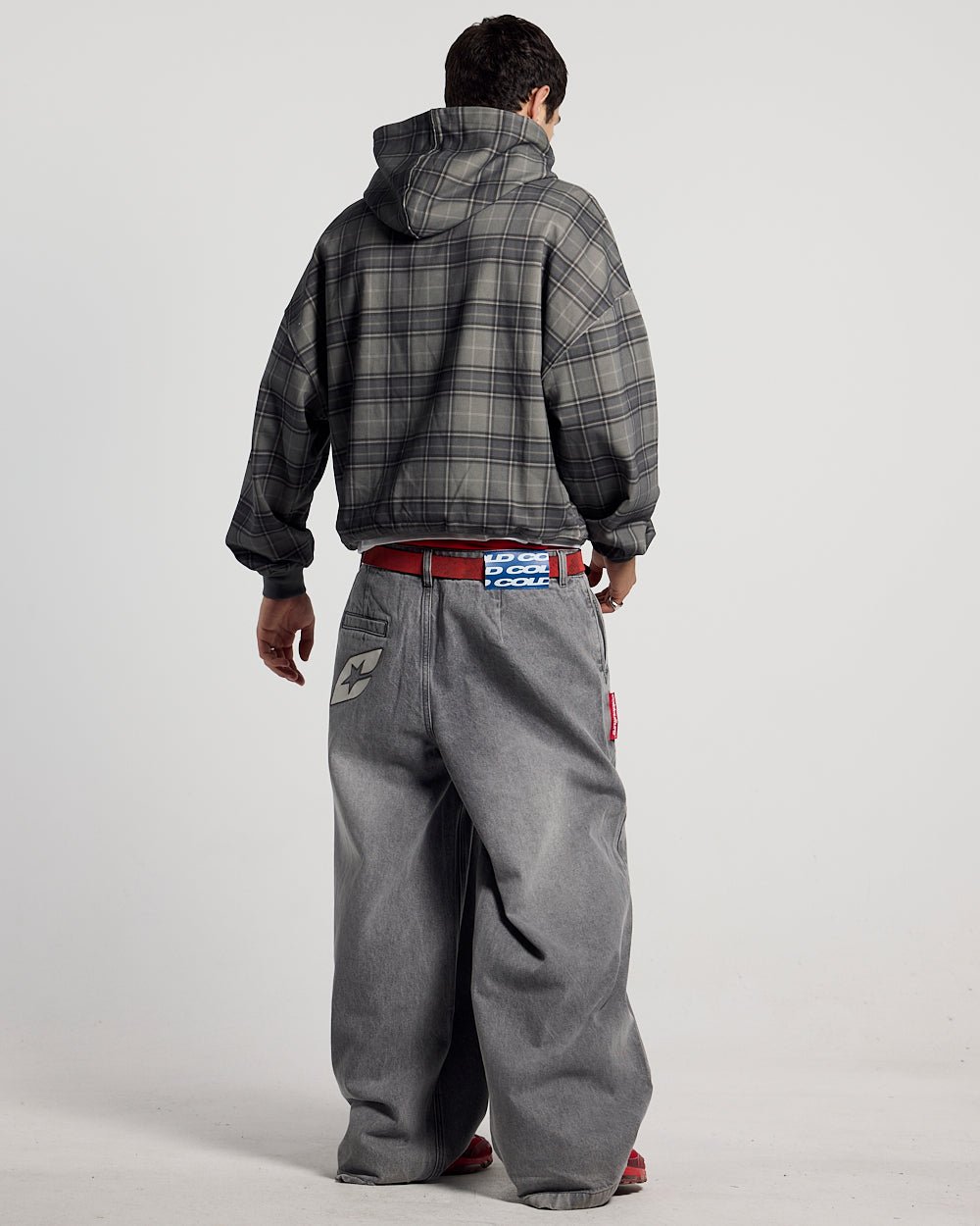 DRIFT HOODIE DARK GREY - dark grey plaid hoodie, back view on male model - Cold Culture