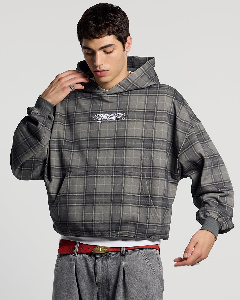 DRIFT HOODIE DARK GREY - dark grey plaid hoodie, front view on male model - Cold Culture #man