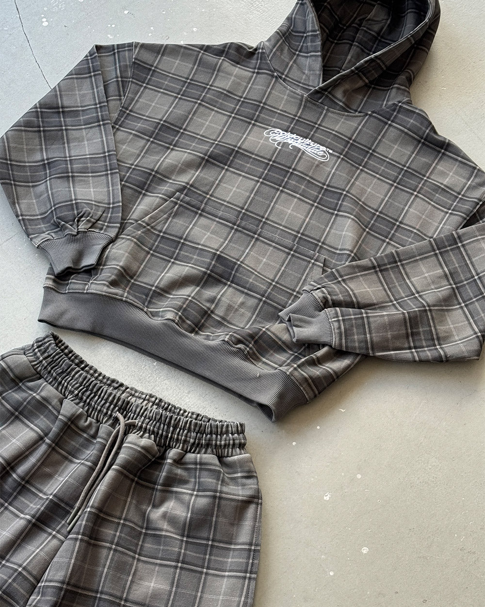 DRIFT SWEATPANTS GREY MIX - grey plaid sweatpants, flat lay with matching pieces - Cold Culture