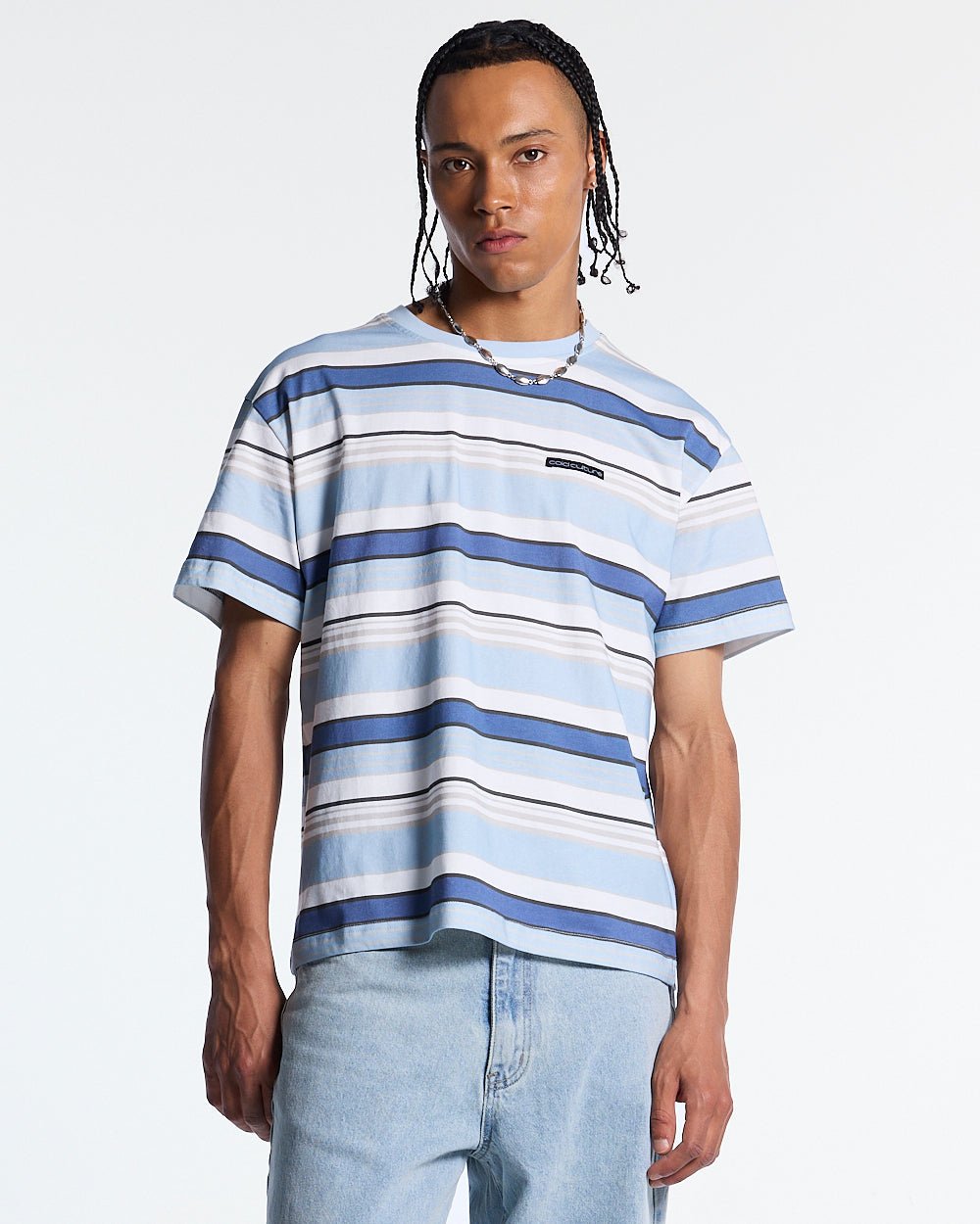 DRIFTLINE TEE BLUE - blue striped tee, front view on male model - Cold Culture #man