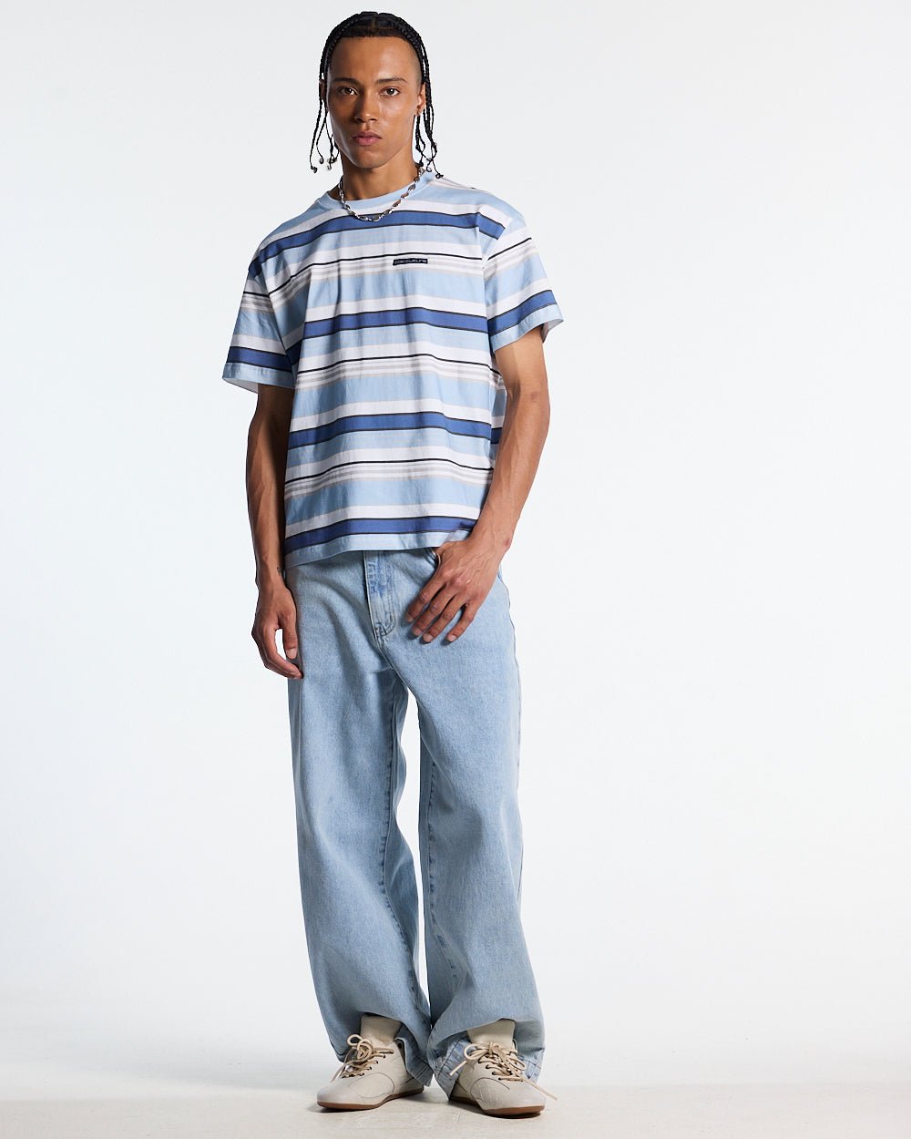 DRIFTLINE TEE BLUE - blue striped tee, front view on male model - Cold Culture #man