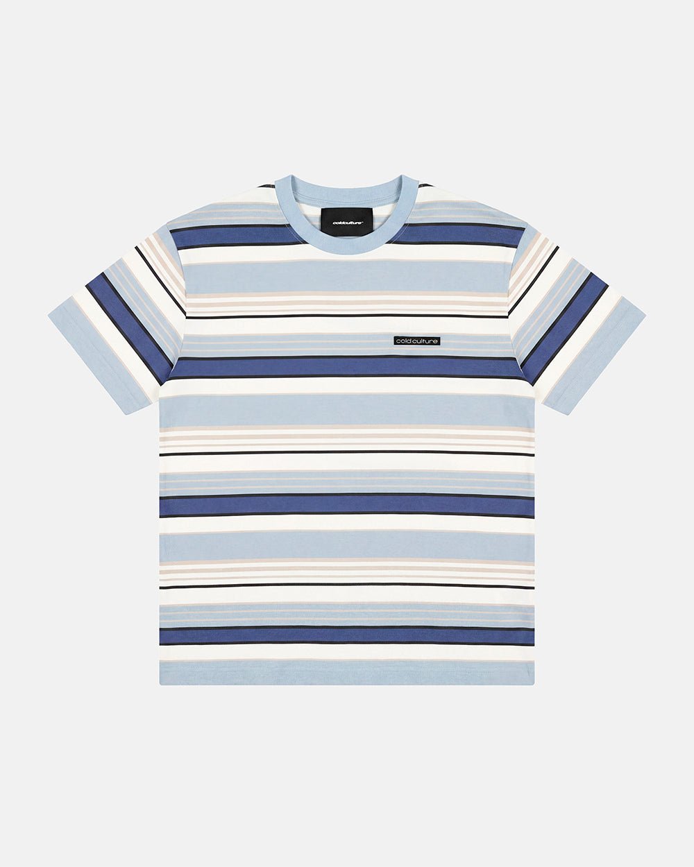 DRIFTLINE TEE BLUE - blue striped tee, flat lay - Cold Culture #packshot