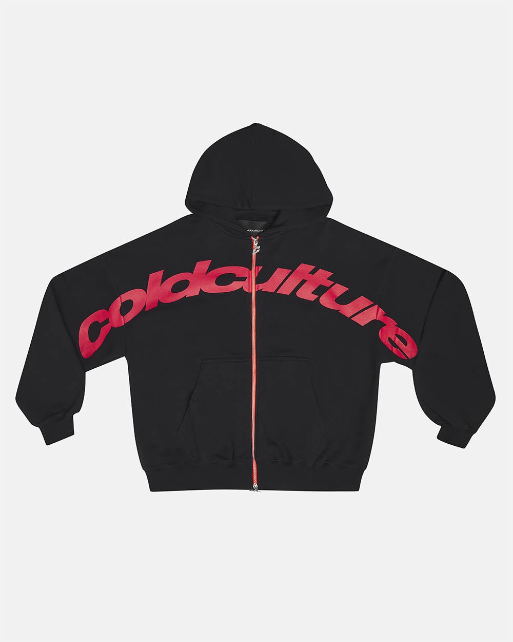 DRIVEN ZIP HOODIE BLACK - black oversized zip-up hoodie, front view - Cold Culture #packshot