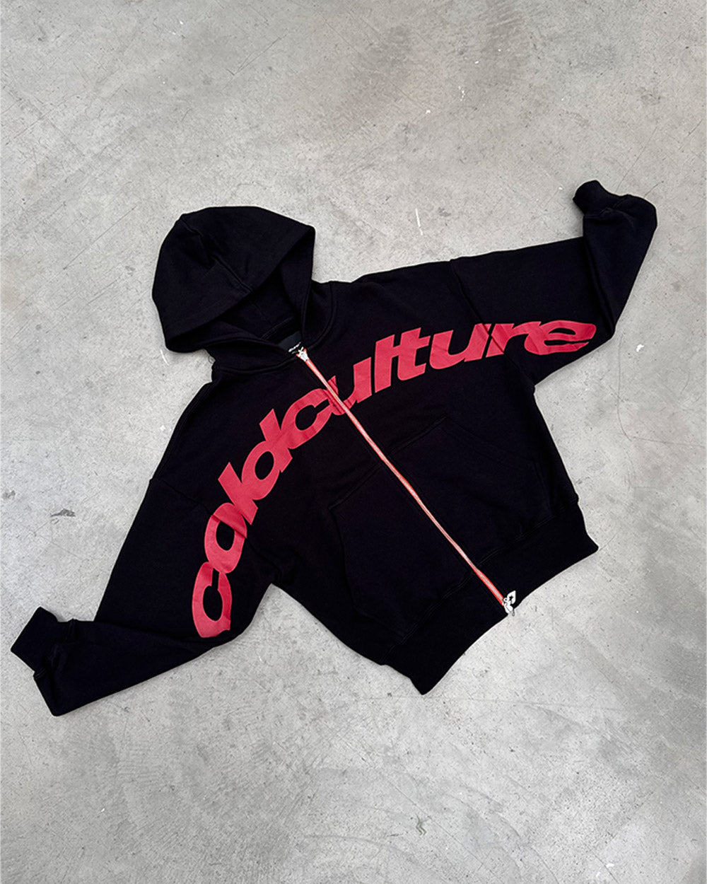 DRIVEN ZIP HOODIE BLACK - black oversized zip-up hoodie, flat lay - Cold Culture