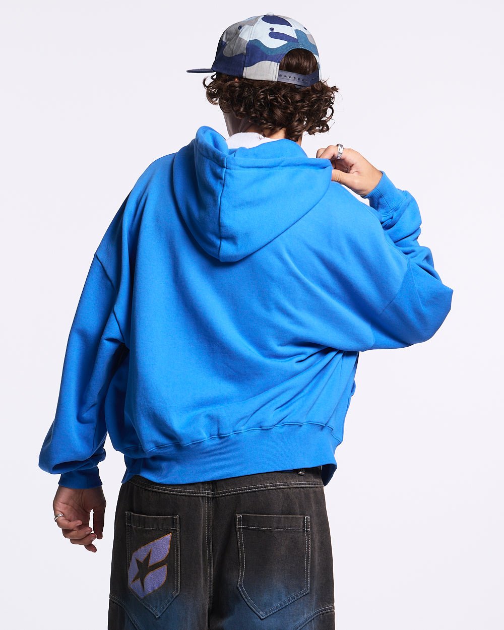DRIVEN ZIP HOODIE BLUE - blue oversized zip-up hoodie, back view on male model - Cold Culture