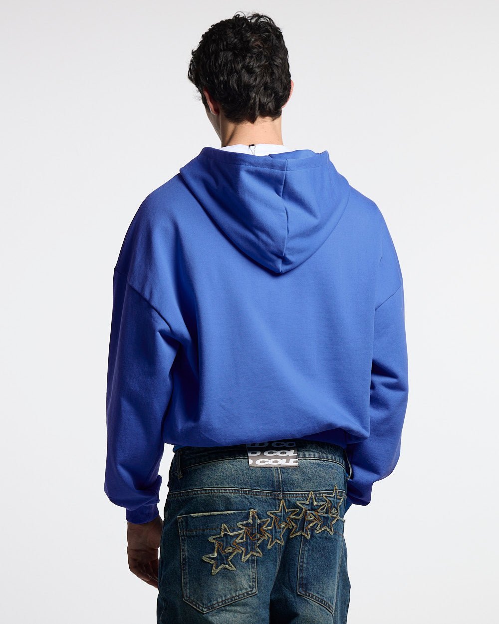 DRIVEN ZIP HOODIE BLUE & WHITE - blue zip-up hoodie, back view on male model - Cold Culture #man