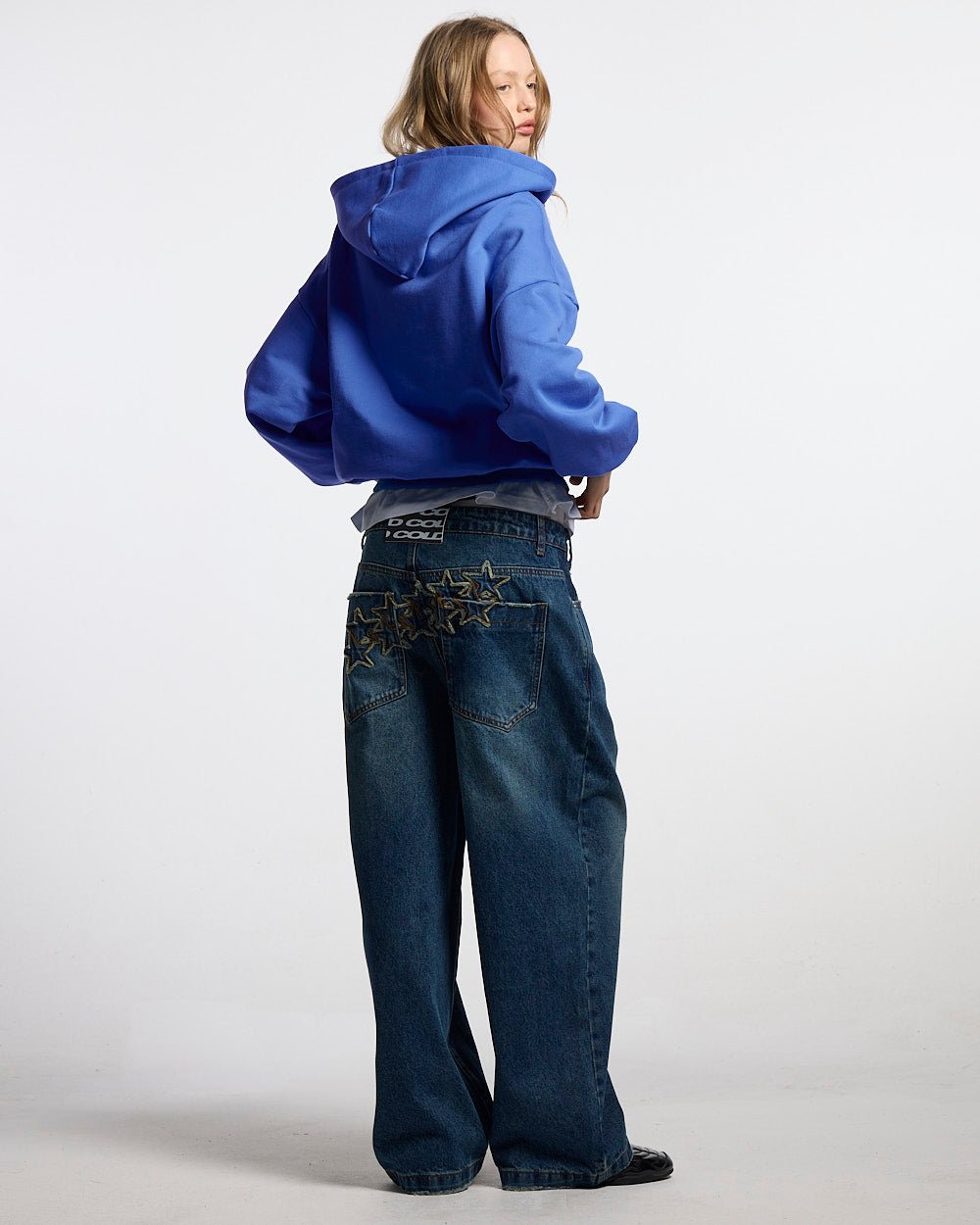 DRIVEN ZIP HOODIE BLUE & WHITE - blue zip-up hoodie, back view on female model - Cold Culture #woman