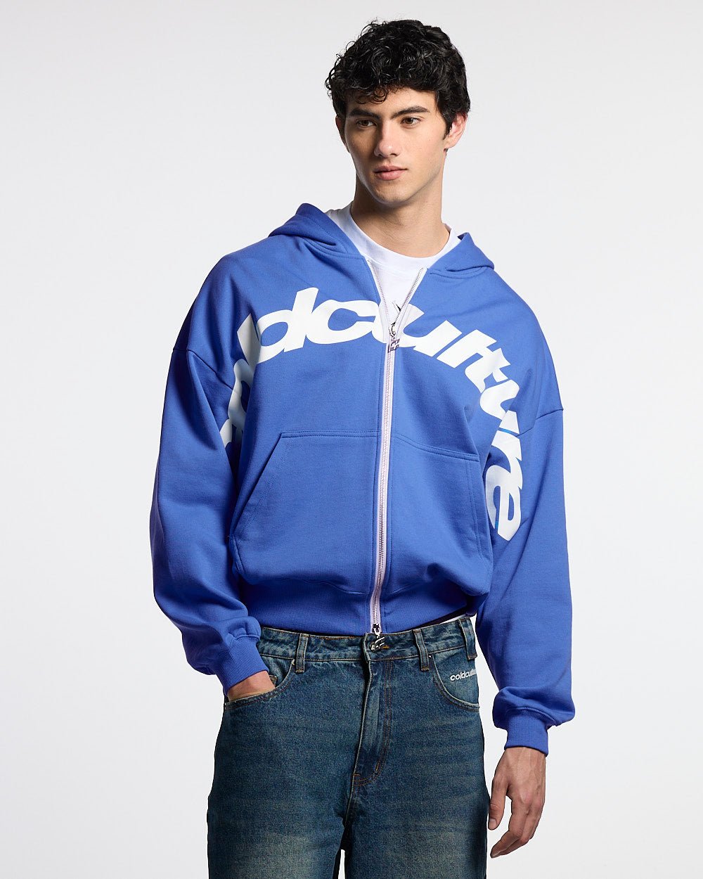 DRIVEN ZIP HOODIE BLUE & WHITE - blue zip-up hoodie, front view on male model - Cold Culture #man