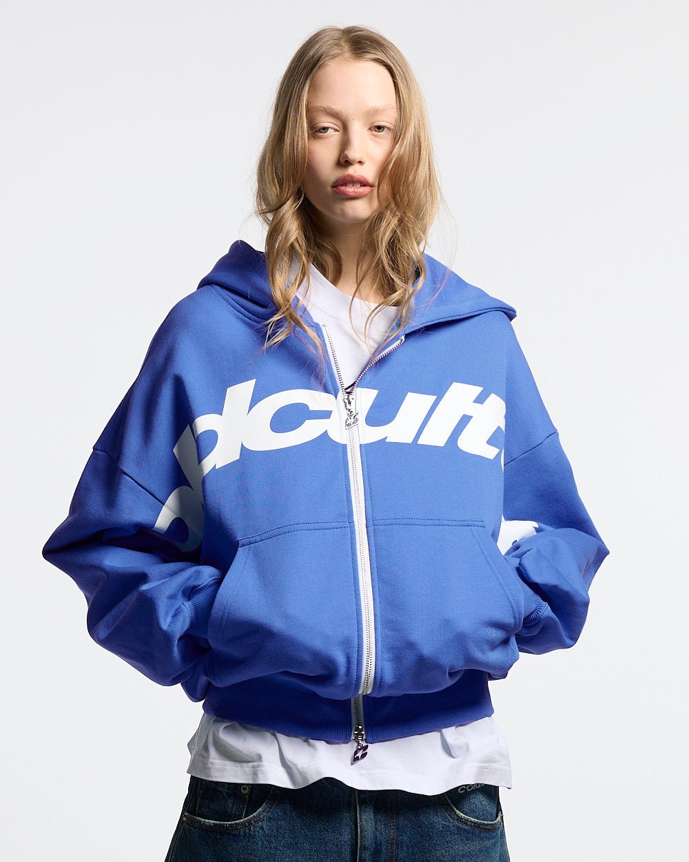 DRIVEN ZIP HOODIE BLUE & WHITE - blue zip-up hoodie, front view on female model - Cold Culture #woman