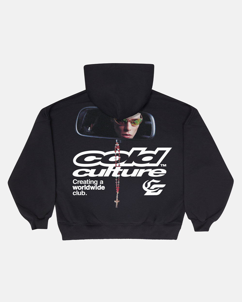 DRIVING MIRROR HOODIE BLACK - black graphic print hoodie, back view - Cold Culture #packshot