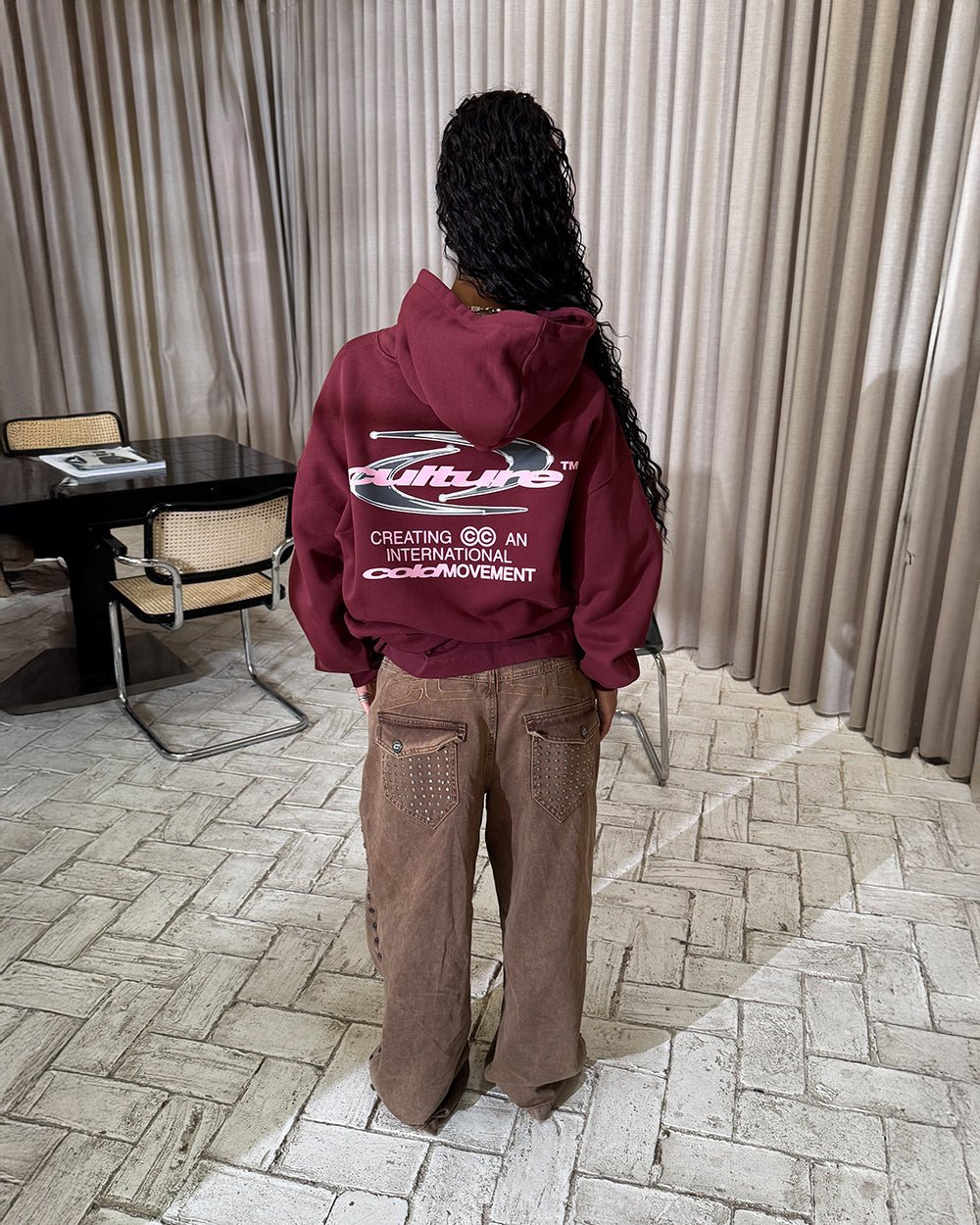DYNAMIC HOODIE BURGUNDY - burgundy oversized hoodie, back view on female model - Cold Culture #woman
