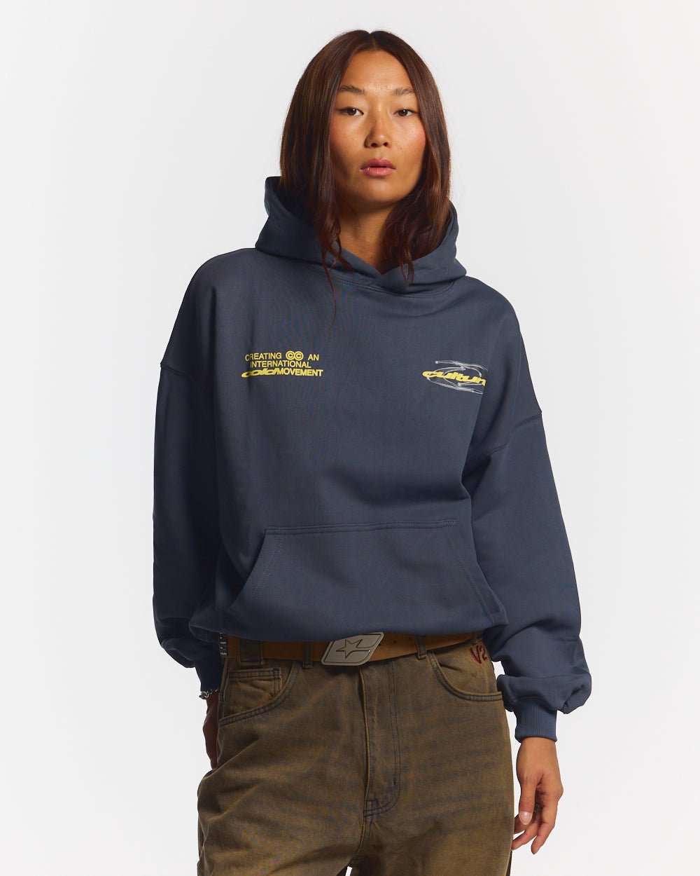 DYNAMIC HOODIE DARK BLUE - dark navy graphic print hoodie, front view on female model - Cold Culture #woman