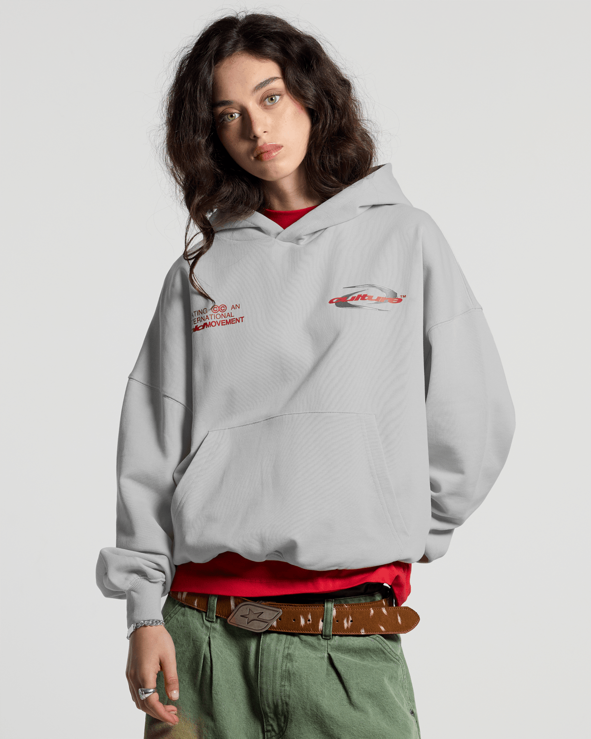 DYNAMIC HOODIE LIGHT GREY - light grey graphic print hoodie, front view on female model - Cold Culture #woman