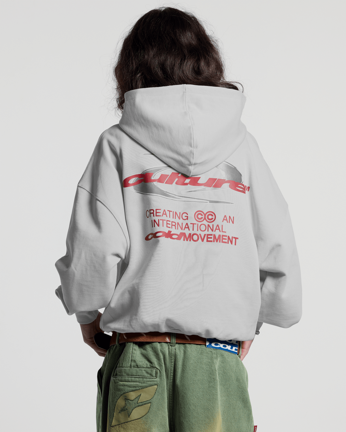 DYNAMIC HOODIE LIGHT GREY - light grey graphic print hoodie, back view on female model - Cold Culture #woman