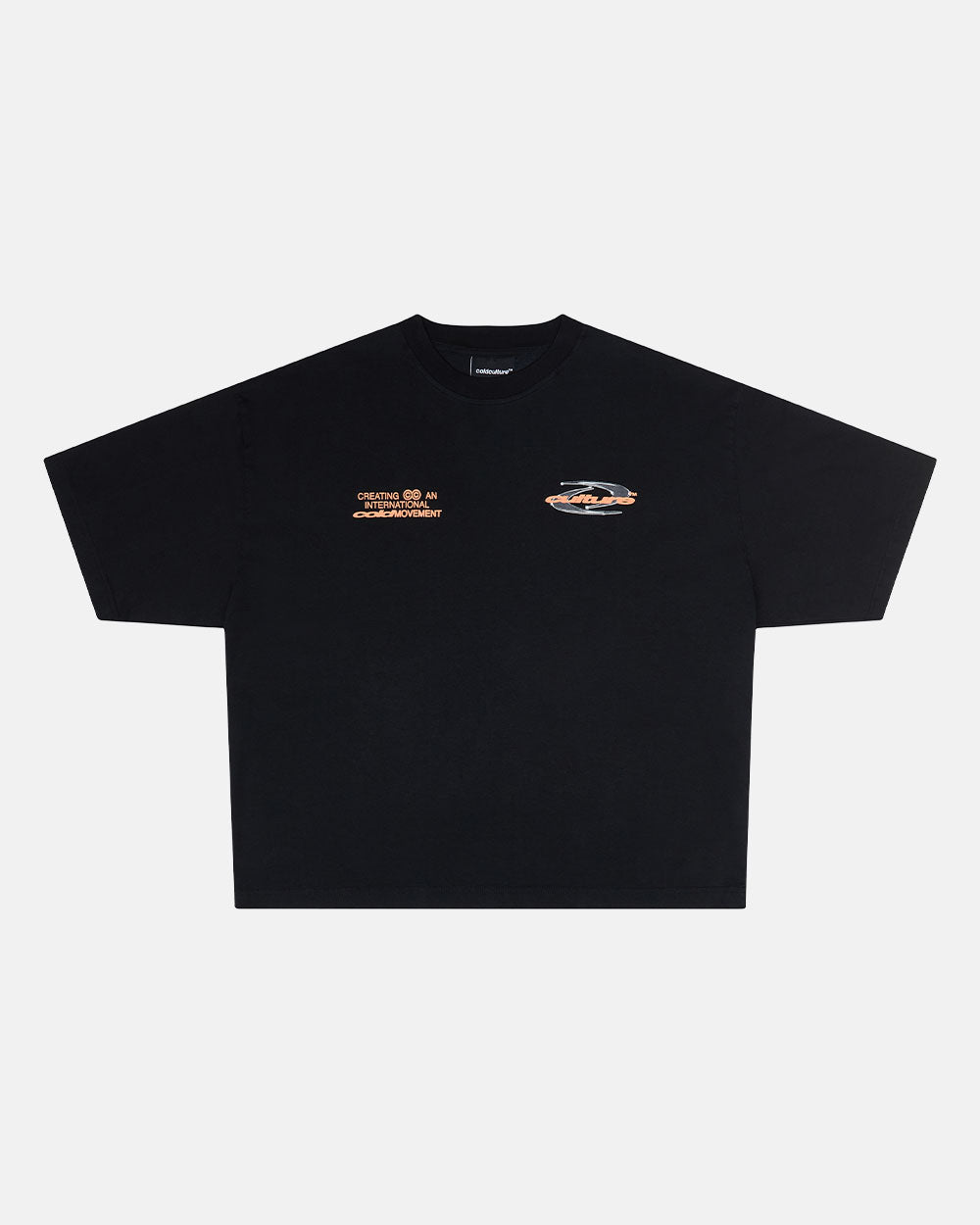 DYNAMIC TEE BLACK AND ORANGE - black graphic print tee, front view - Cold Culture #packshot