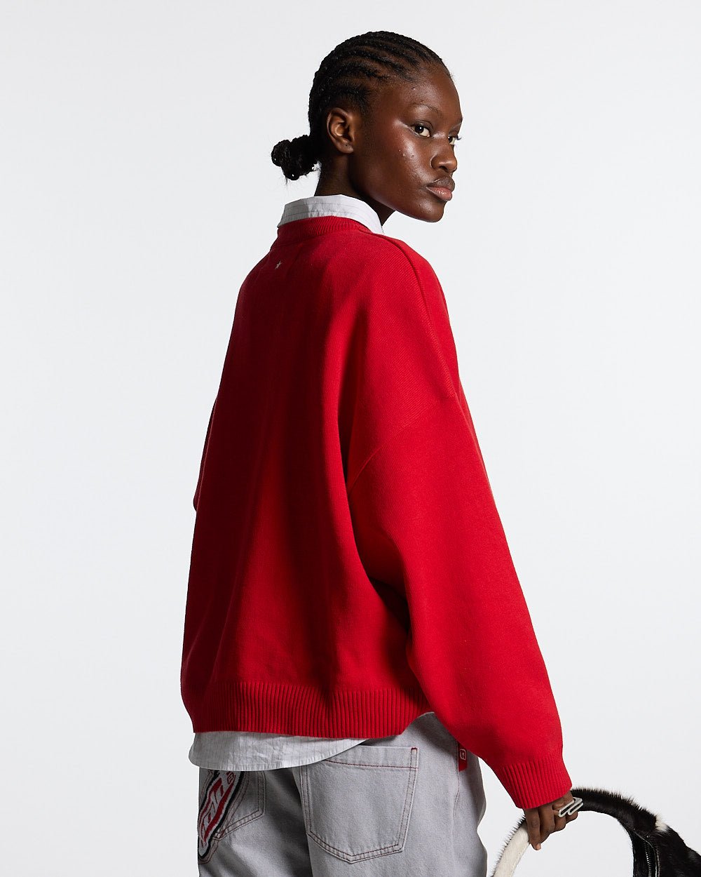 ESSENTIAL KNIT ASTORATH RED - red oversized knit sweater, back view on female model - Cold Culture #woman
