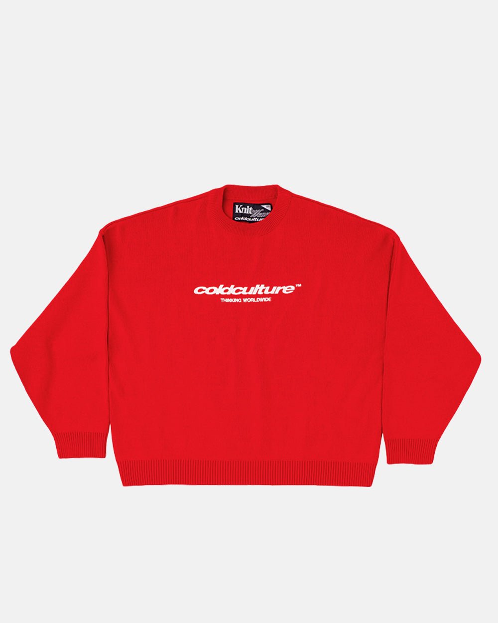 ESSENTIAL KNIT ASTORATH RED - red oversized knit sweater, front view - Cold Culture #packshot