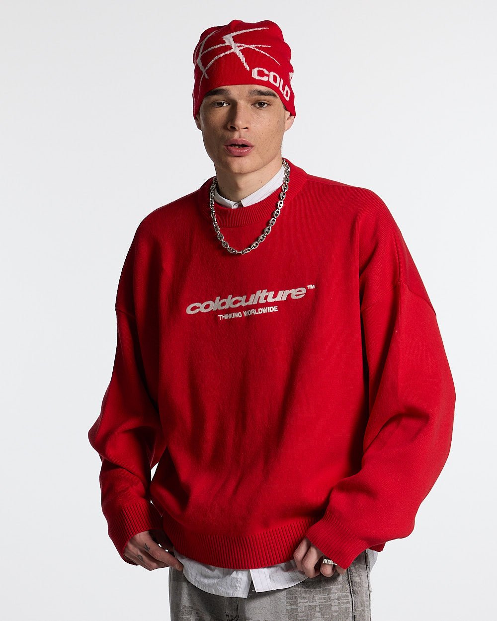 ESSENTIAL KNIT ASTORATH RED - red oversized knit sweater, front view on male model - Cold Culture #man