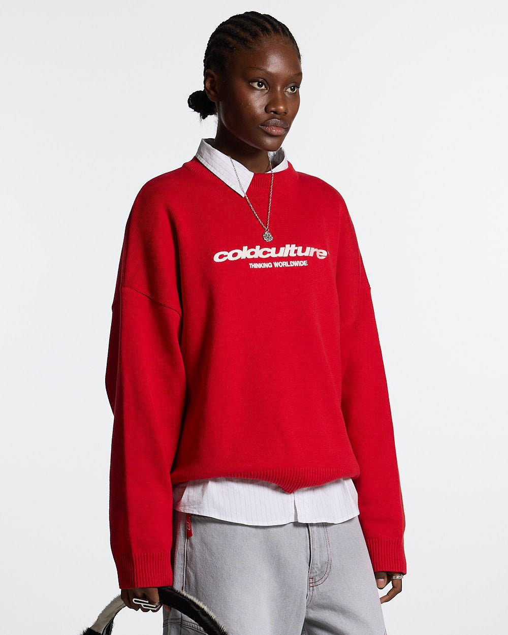 ESSENTIAL KNIT ASTORATH RED - red oversized knit sweater, front view on female model - Cold Culture #woman
