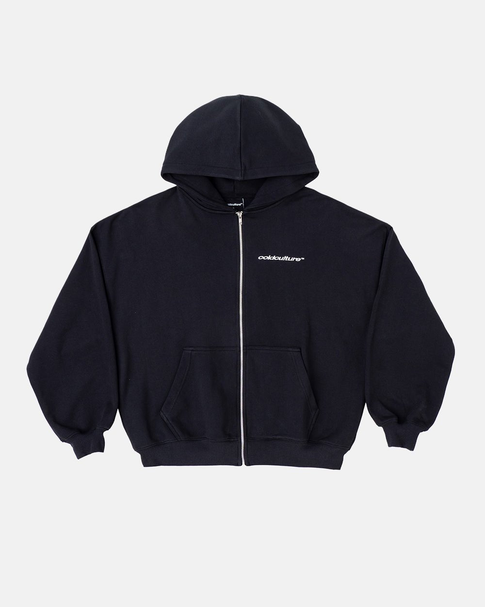 ESSENTIAL ZIP HOODIE BLACK - black zip-up hoodie, front view - Cold Culture #packshot