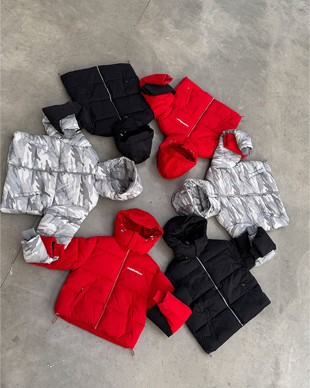 EVERYDAY PUFFER GRAY CAMO - gray camo puffer jacket, flat lay with matching pieces - Cold Culture