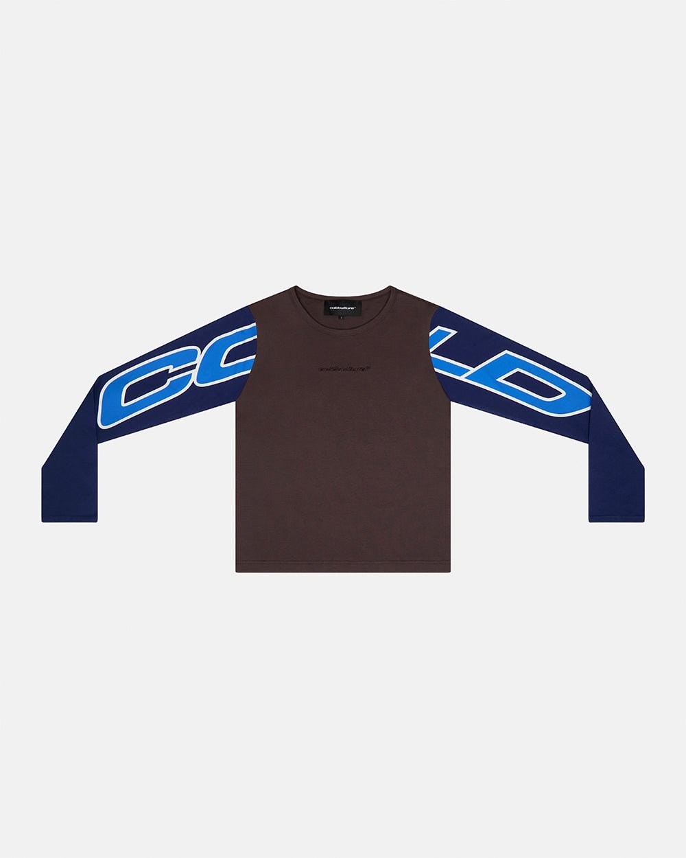 EXTENDED LONGSLEEVE GREY - brown colorblock longsleeve tee, front view - Cold Culture #packshot
