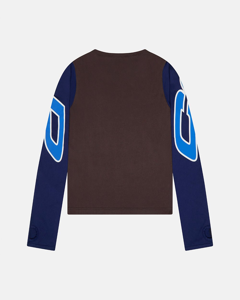 EXTENDED LONGSLEEVE GREY - brown colorblock longsleeve tee, back view - Cold Culture #packshot