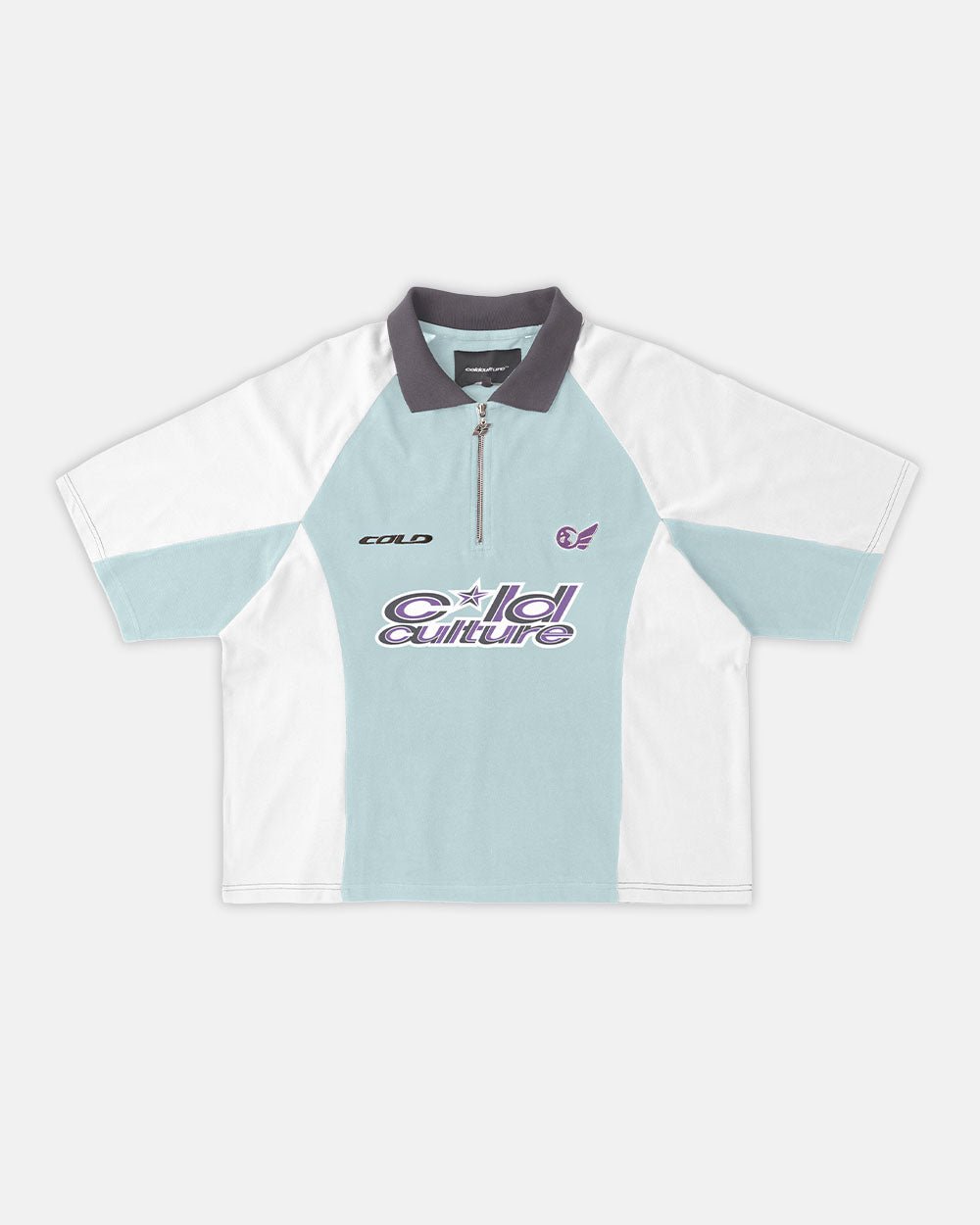 EXTREME POLO IRON LIGHT BLUE AND GREY - light blue and grey polo shirt, front view - Cold Culture #packshot