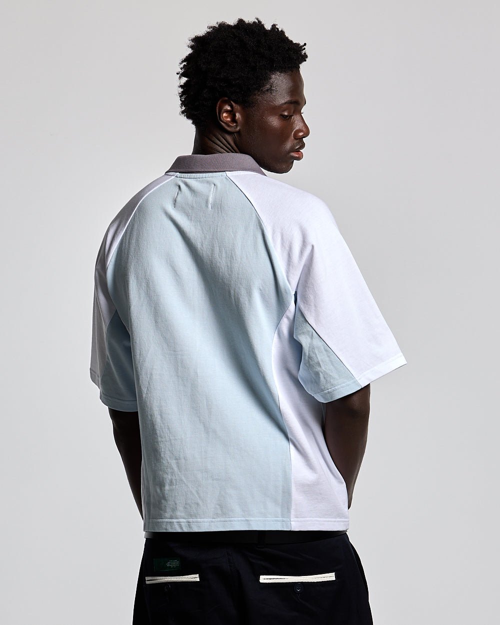 EXTREME POLO IRON LIGHT BLUE AND GREY - light blue and grey polo shirt, back view on male model - Cold Culture #man