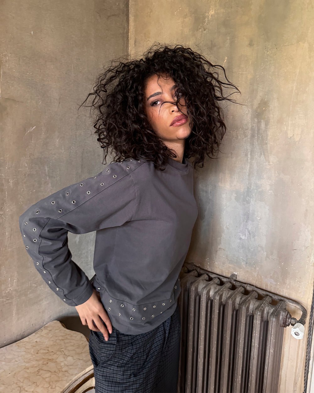 EYELET LONGSLEEVE BLACK - washed black eyelet longsleeve tee, street style shot - Cold Culture #woman