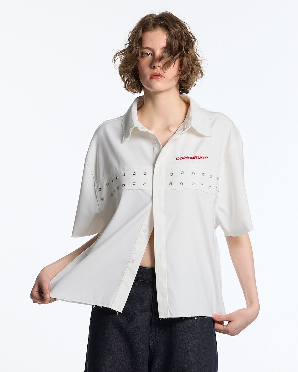 EYELET SHIRT OFF WHITE - off white eyelet shirt, front view on female model - Cold Culture #woman