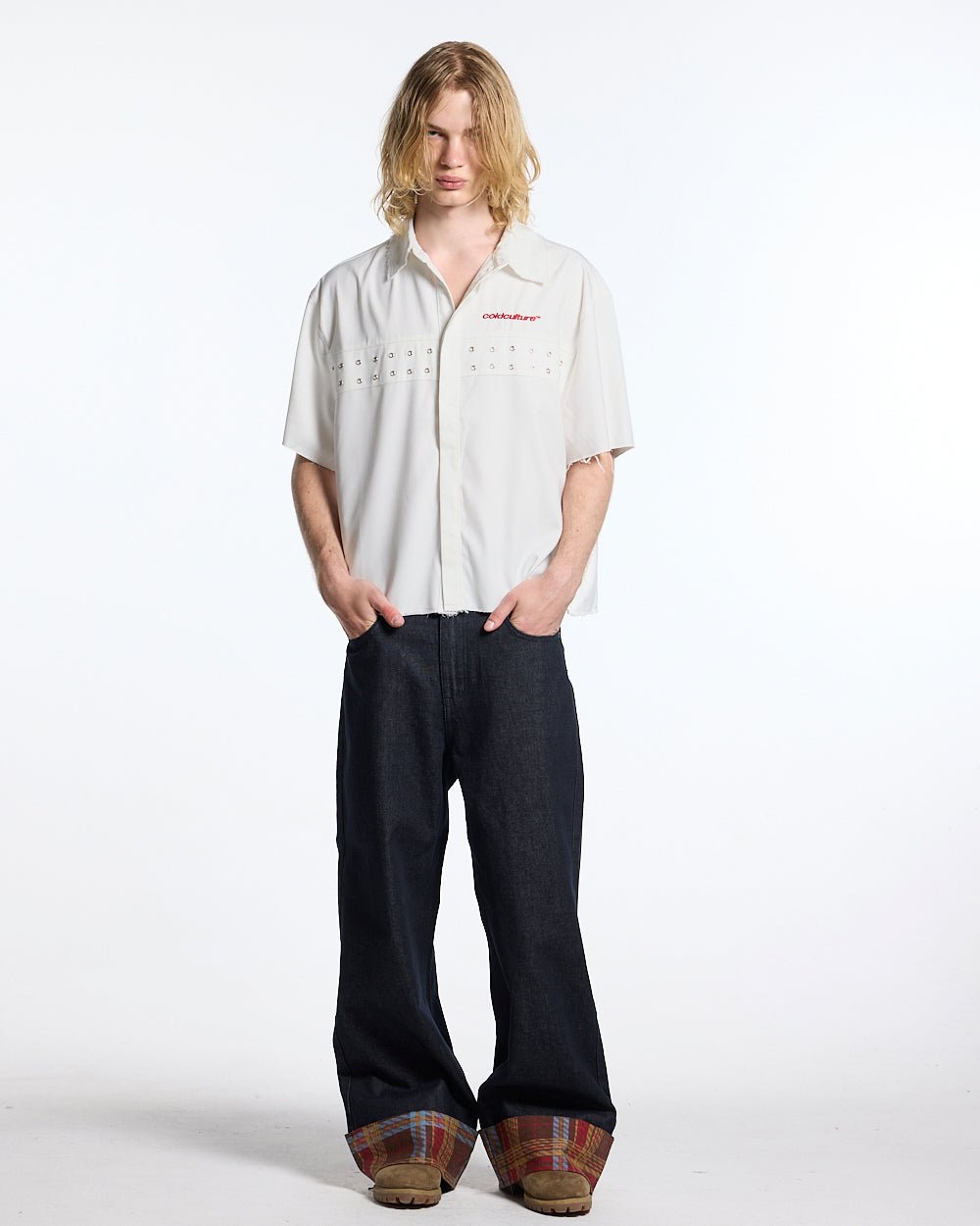 EYELET SHIRT OFF WHITE - off white eyelet shirt, front view on male model - Cold Culture #man