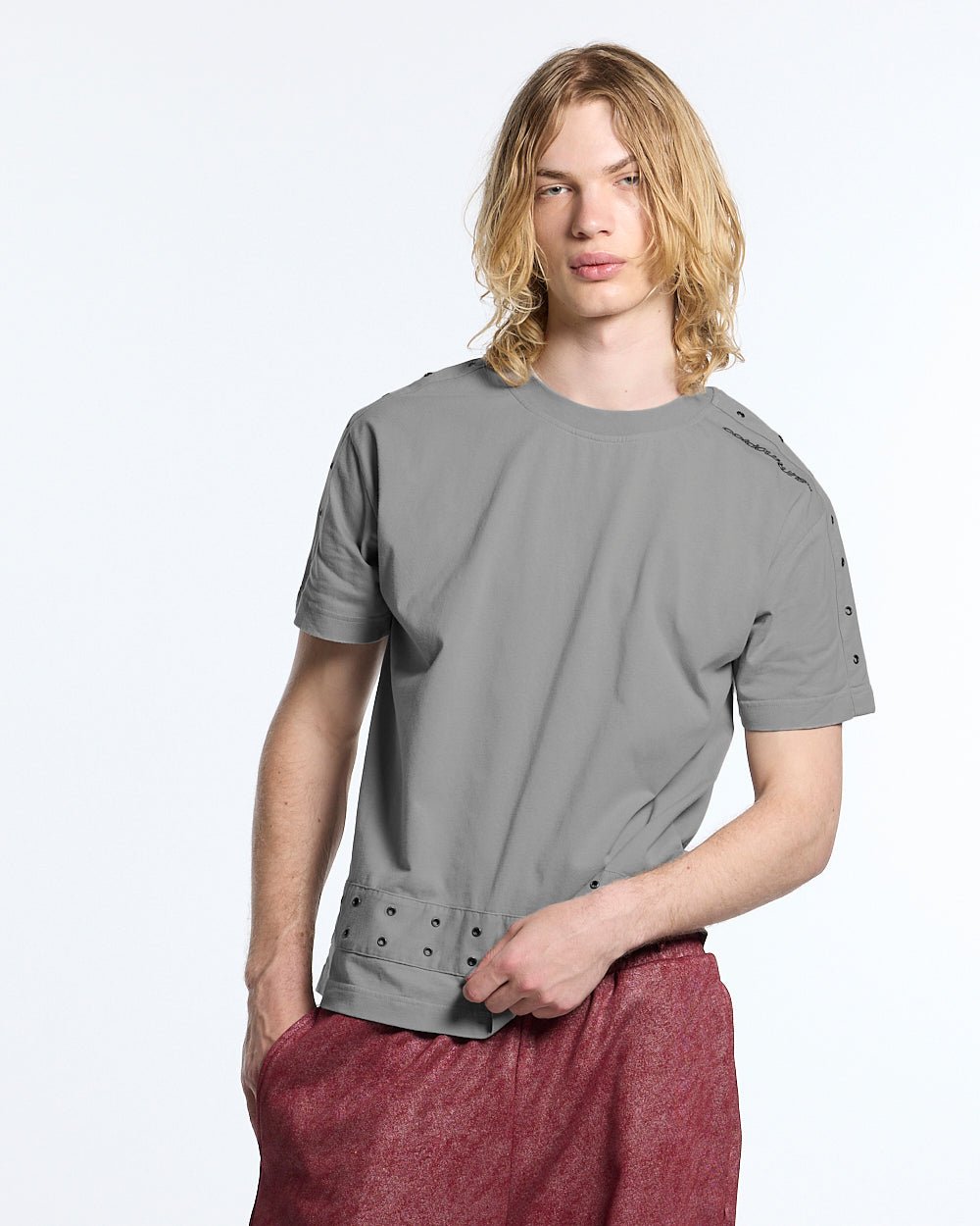 EYELET TEE LIGHT GREY - light grey eyelet tee, front view on male model - Cold Culture #man
