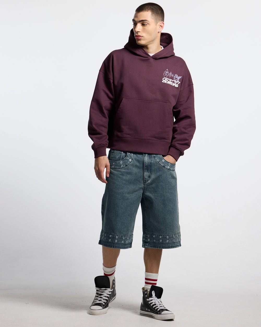 EYELET V2 SHORT DENIM - washed blue denim shorts, front view on male model - Cold Culture #man