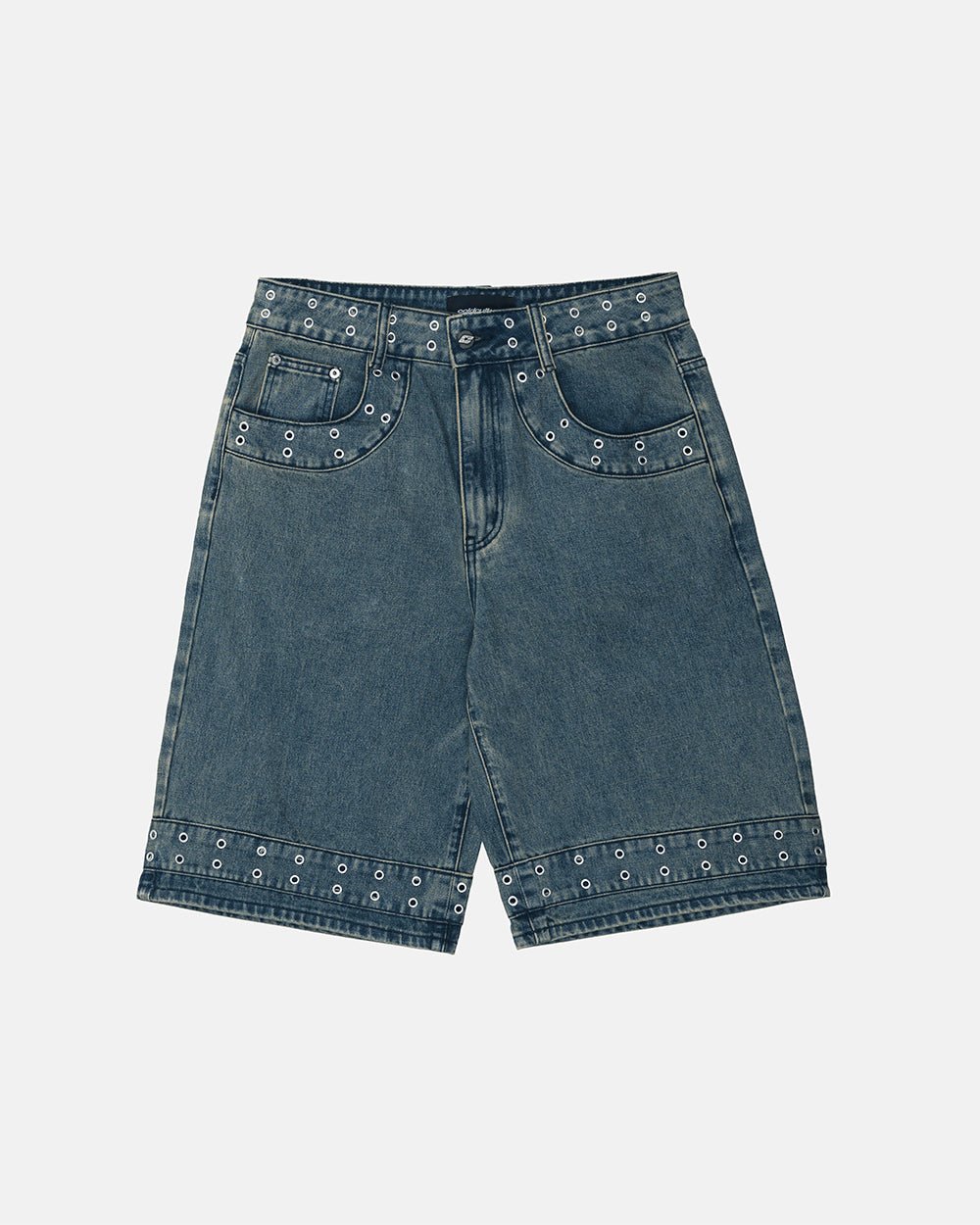 EYELET V2 SHORT DENIM - washed blue denim shorts, front view - Cold Culture #packshot