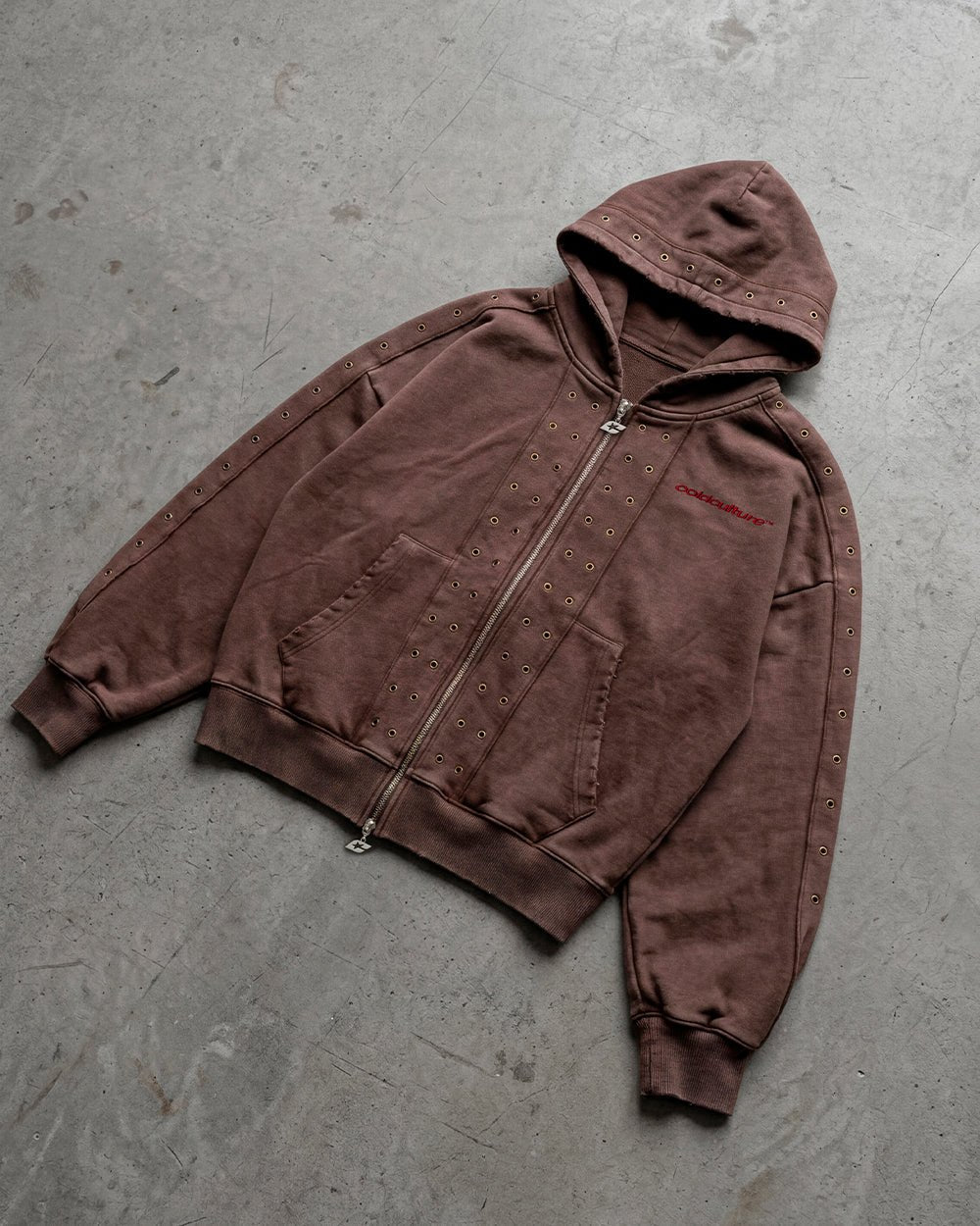 EYELET ZIP HOODIE BROWN - washed brown zip-up hoodie, flat lay - Cold Culture