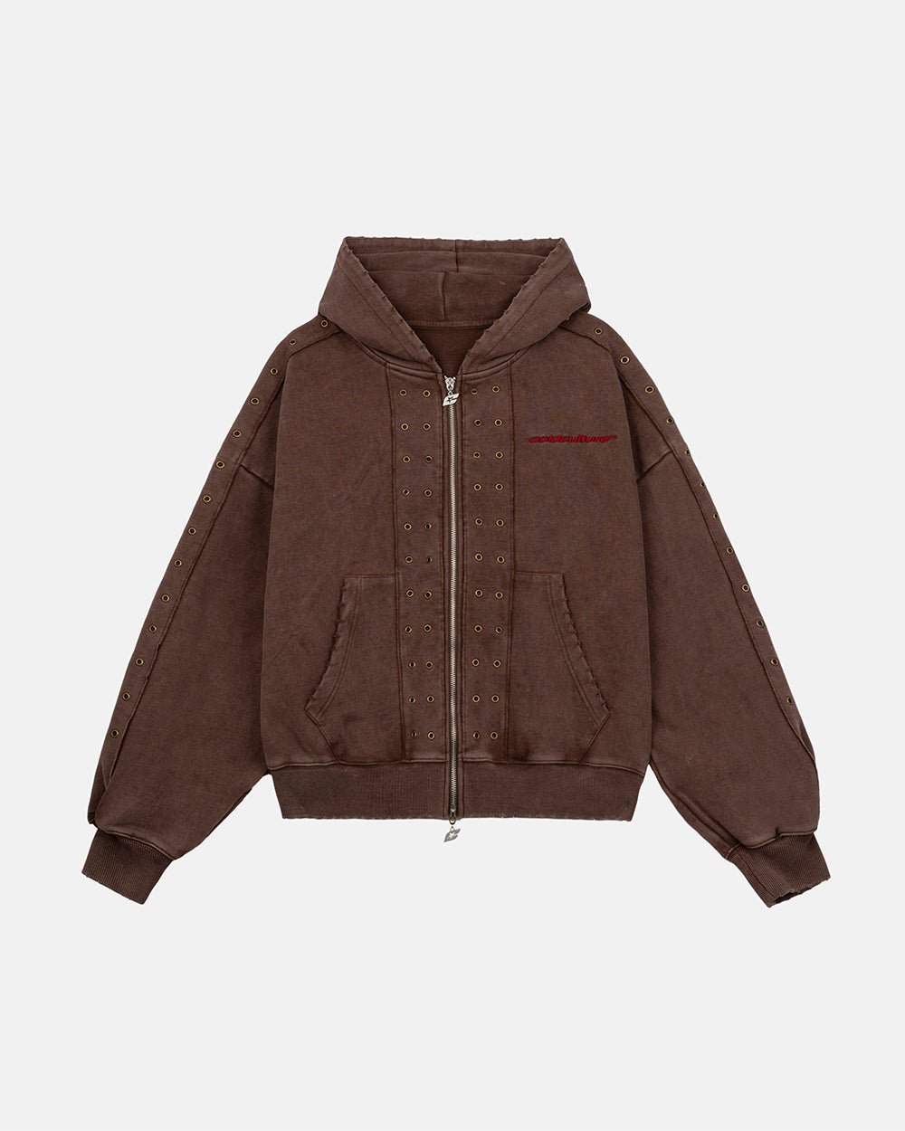 EYELET ZIP HOODIE BROWN - washed brown zip-up hoodie, front view - Cold Culture #packshot