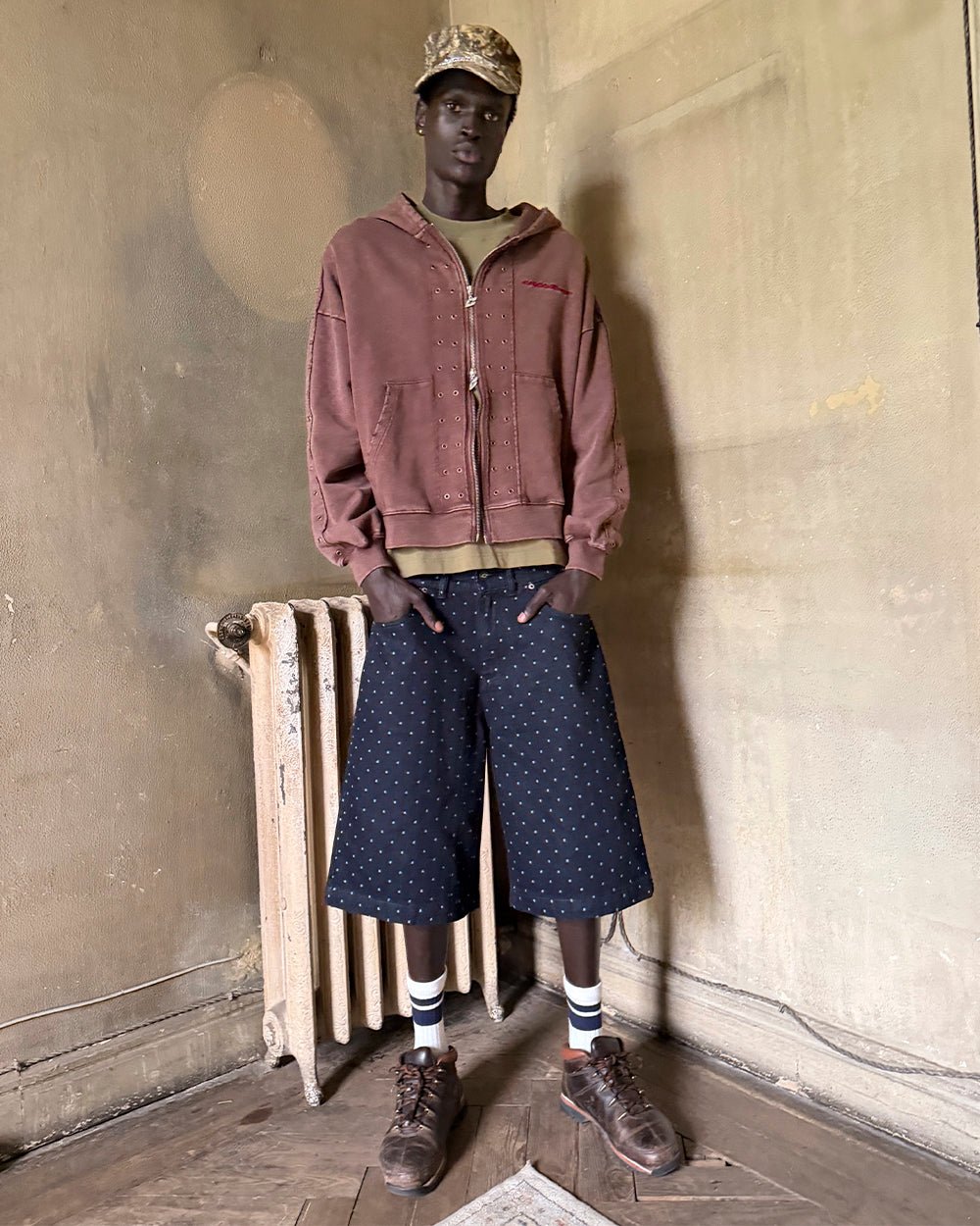 EYELET ZIP HOODIE BROWN - washed brown zip-up hoodie, street style shot - Cold Culture