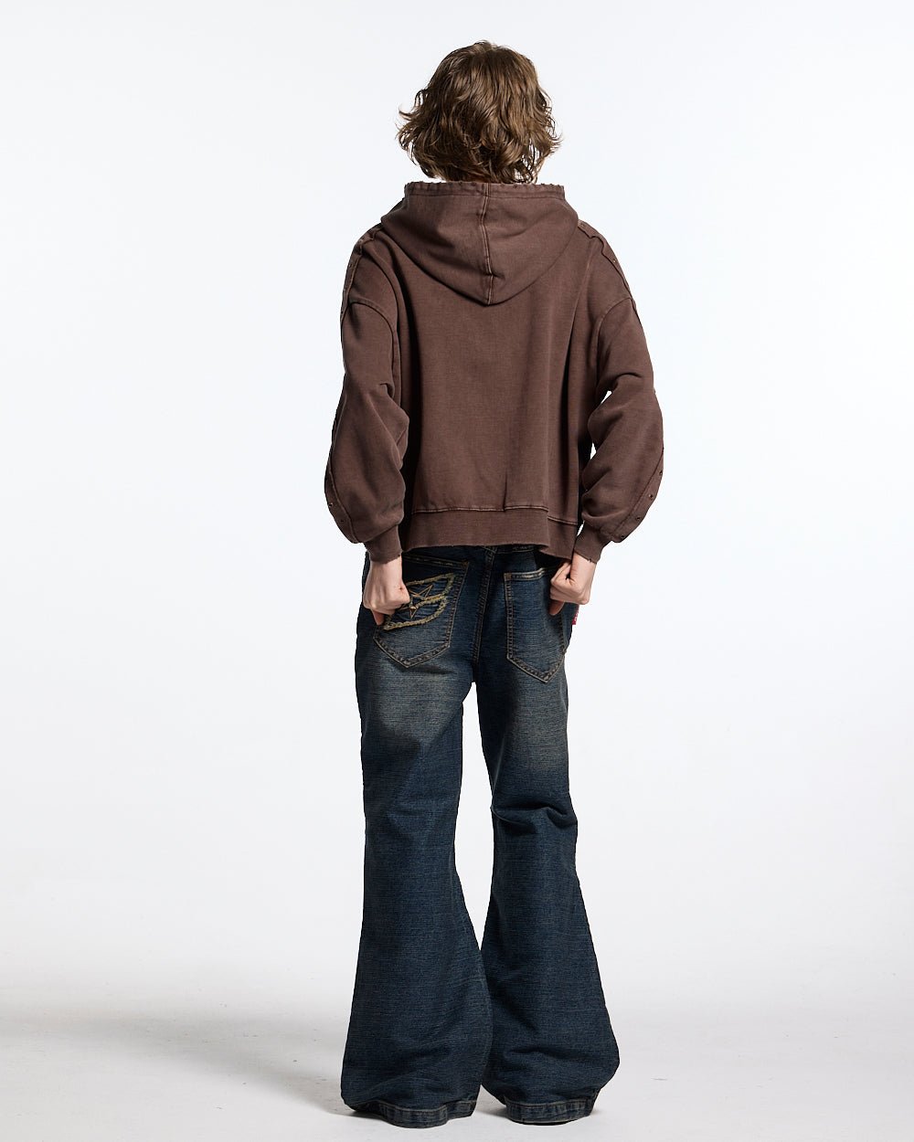 EYELET ZIP HOODIE BROWN - washed brown zip-up hoodie, back view on female model - Cold Culture #woman