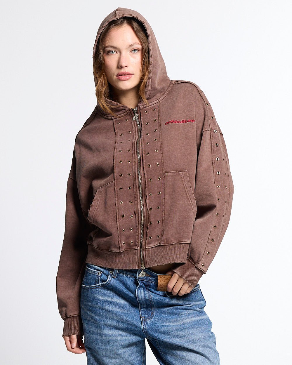 EYELET ZIP HOODIE BROWN - washed brown zip-up hoodie, front view on female model - Cold Culture #woman