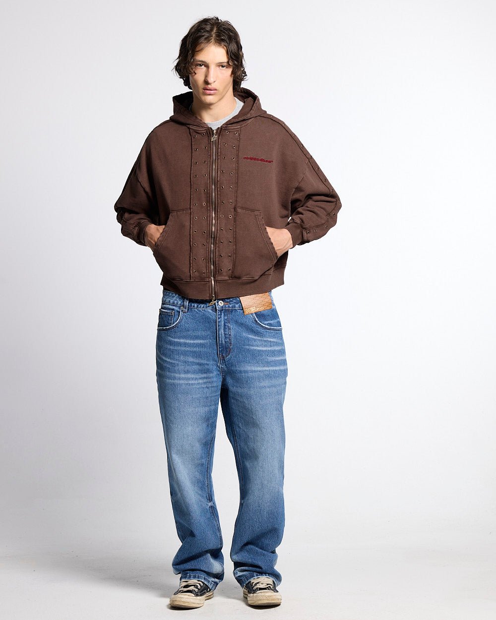 EYELET ZIP HOODIE BROWN - washed brown zip-up hoodie, front view on male model - Cold Culture #man