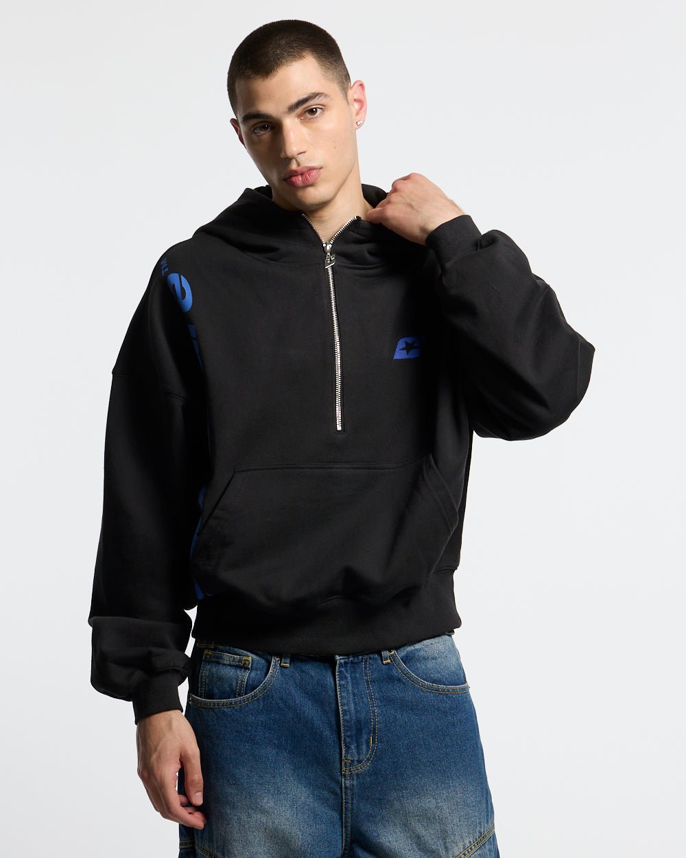 FADED AGE BUZO BLACK & BLUE - black half-zip hoodie, front view on male model - Cold Culture #man