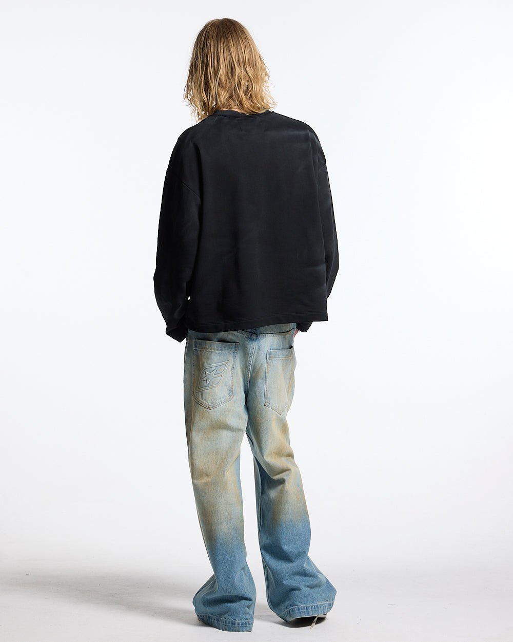 FARMER BLUES LONGSLEEVE BLACK - washed black longsleeve tee, back view on male model - Cold Culture #man