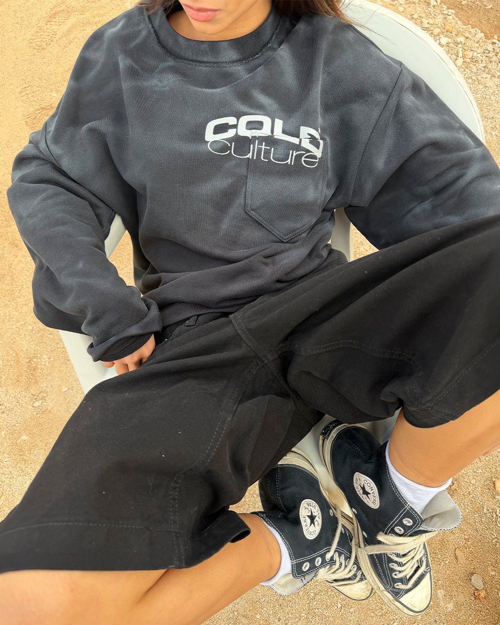 FARMER BLUES LONGSLEEVE BLACK - washed black longsleeve tee, worn detail - Cold Culture